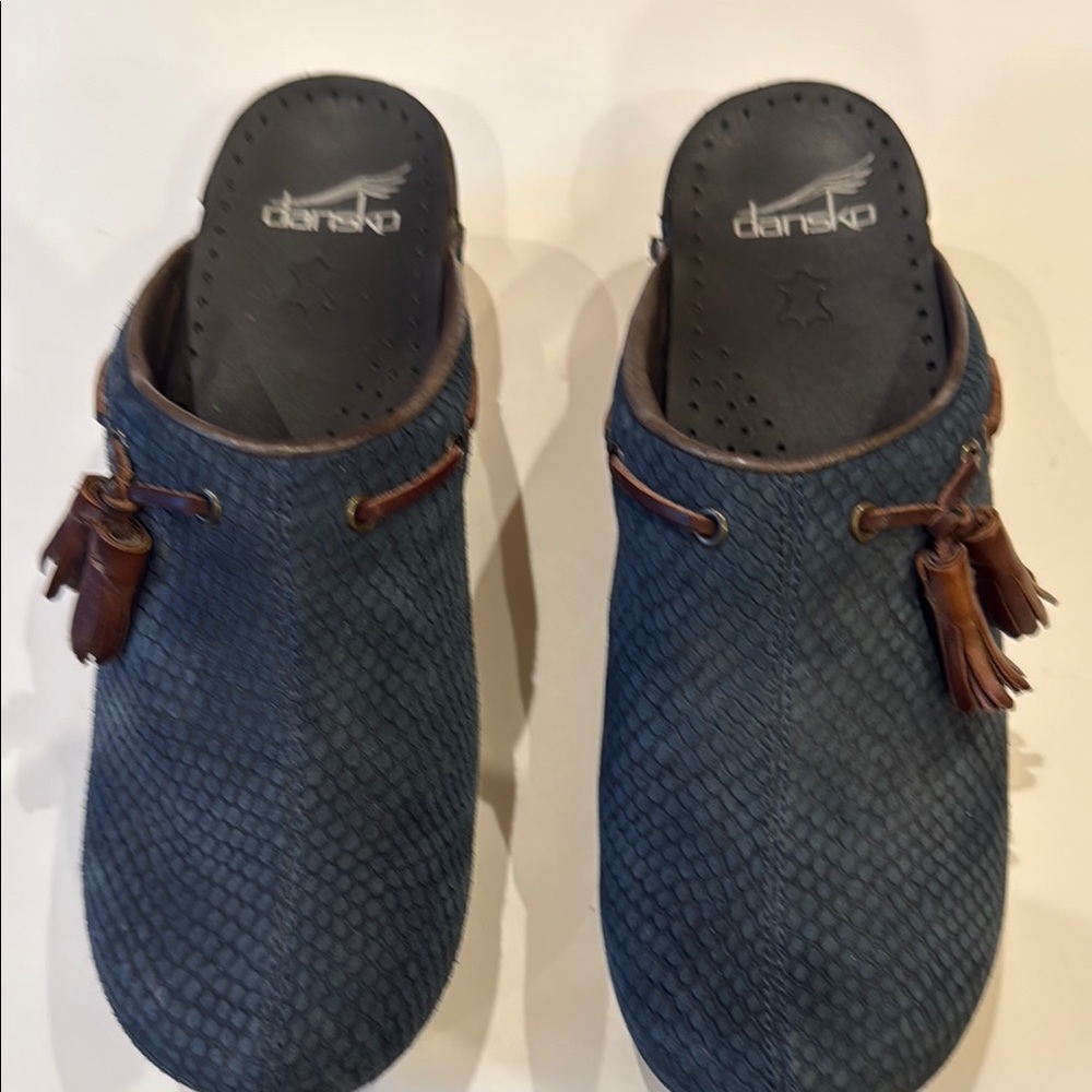 Dansko Navy Textured Clogs with Brown Tassels Size 39